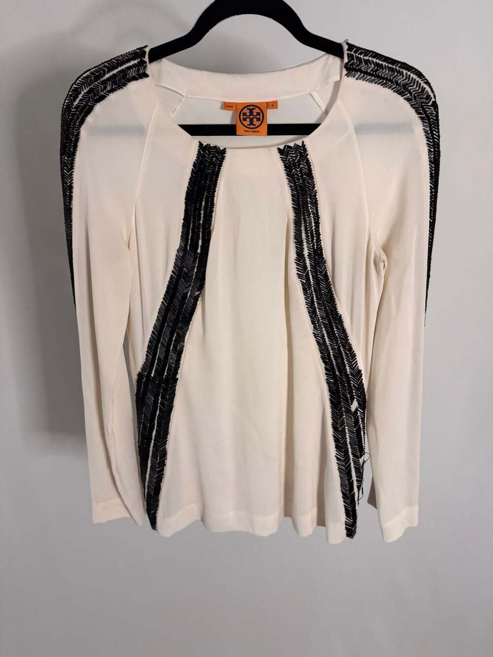 Tory Burch Cream Beaded Chevron Silk Long Sleeve Top Size 4